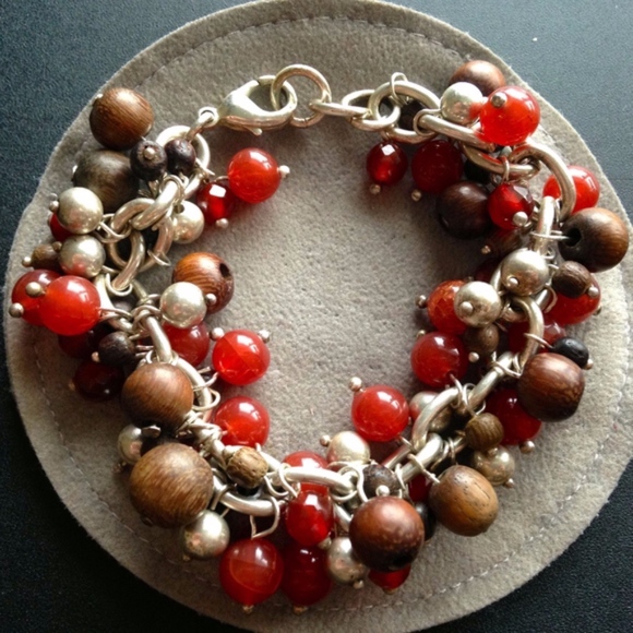 Banana Republic Red, Wood, Silver Bead Bracelet - Picture 1 of 5